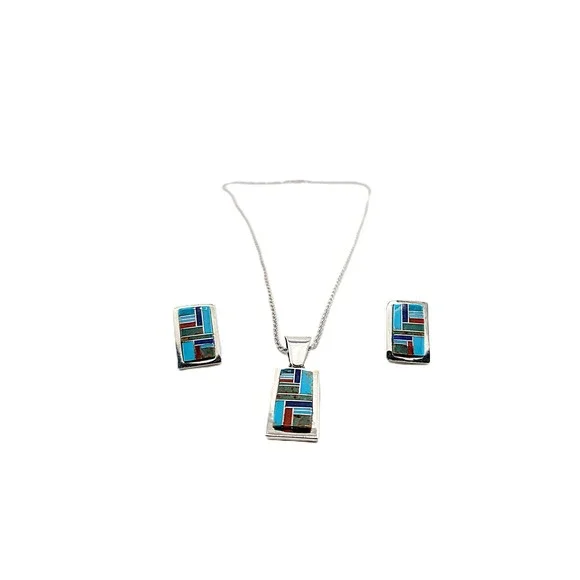 Authentic Patricia Becenti Navajo Inlay Necklace & Earring Set Mosaic Jewelry**